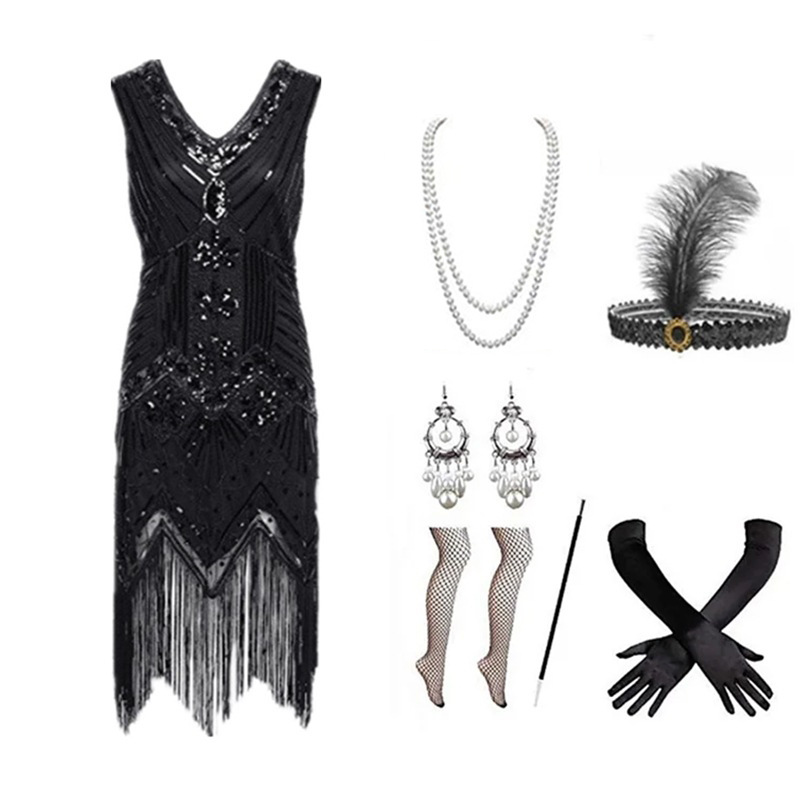 Women Accessories Products - Women 1920s Flapper Dress Set Retro