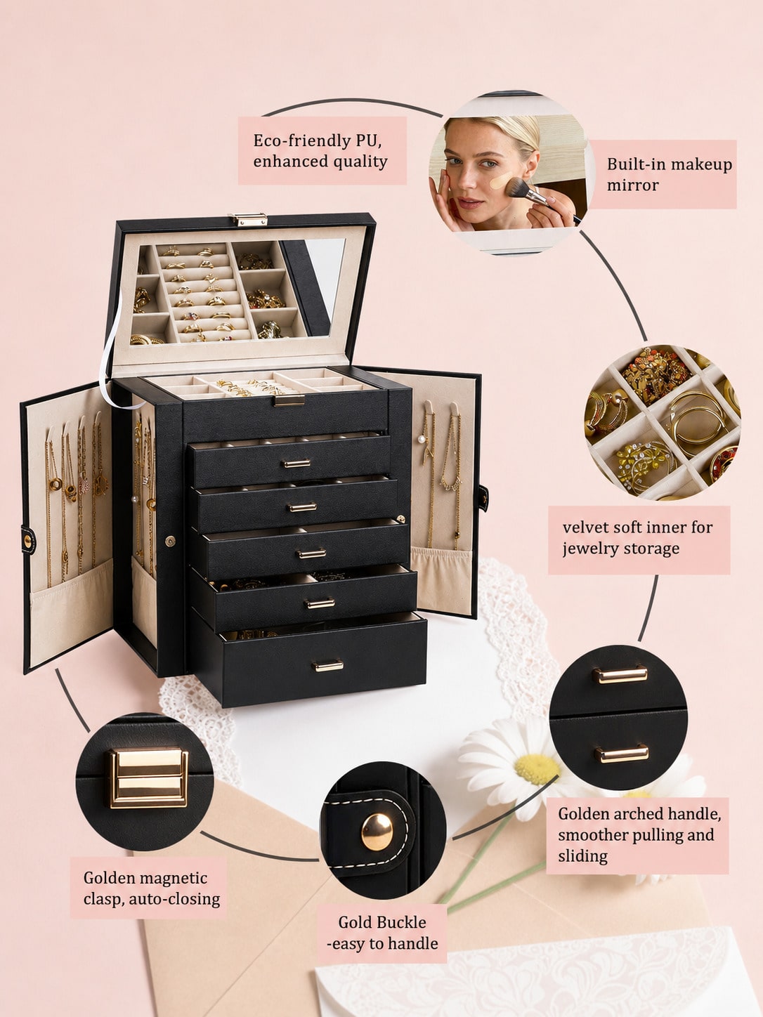 1PC Large 6-Layer PU Leather J - Women Accessories Drawer ulasan dan harga